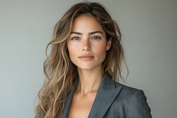 Fototapeta premium Portrait of confident businesswoman in gray blazer with natural light in studio