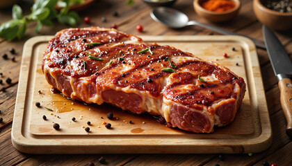 Raw steak seasoned on wooden cutting board