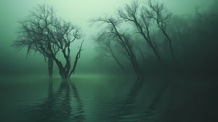 Eerie foggy swamp with twisted trees and green glow in haunted wilderness. Misty River of the Dead. Illustration