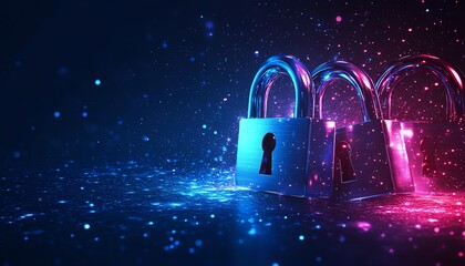 Safe cyberspace concept, digital security system with multiple padlocks, network protection, data security, modern tech design, business technology concept, highdefinition image