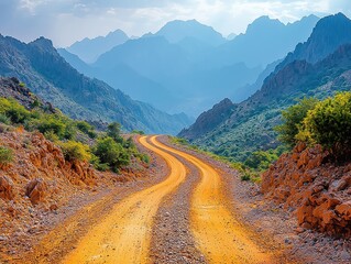 Fototapeta premium Arabian Dirt Road in the Hajar Mountains of Dubai, Middle East Emirate
