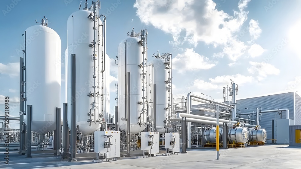 Poster an aerial view showcasing the expansive industrial oxygen production facility featuring a network of