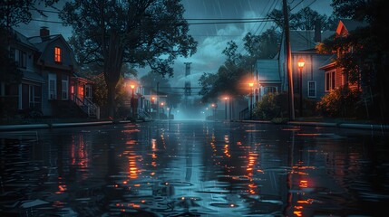 Naklejka premium A detailed painting of a rainy city night. Vintage 90s streetlights glow over wet, empty streets. No signs, no cars—just window lights and reflections on rain-soaked pavement.