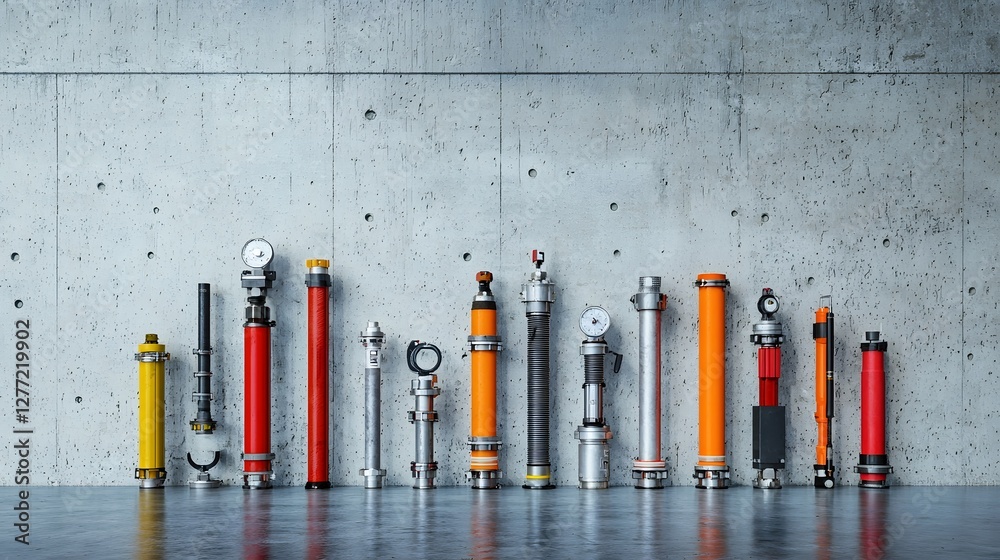 Poster Assortment of Different Sizes and Types of Fire Hose Connectors and Equipment Displayed in a Lineup for Comparison and Identification