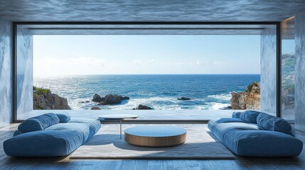 Obraz premium luxury modern living room with ocean view bright airy design blue sofas contemporary furniture