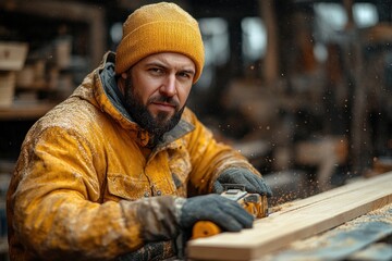 Fototapeta premium Woman Carpenter Working with Tools in a Workshop on Wood Projects