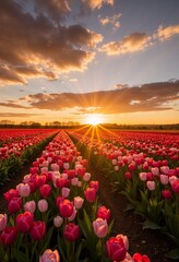 Field of red tulips under dramatic sunset sky, breathtaking view, Tulip Festival