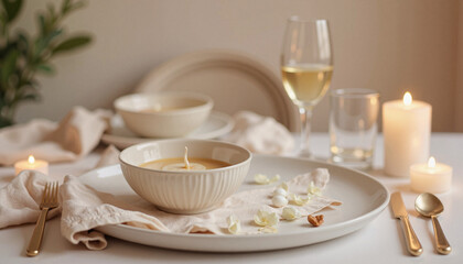 Elegant table setting with candles and a bowl of soup