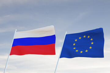 Flags of  RUSSIA and EUROPEAN UNION waving with cloudy blue sky background, WAR 3D rendering