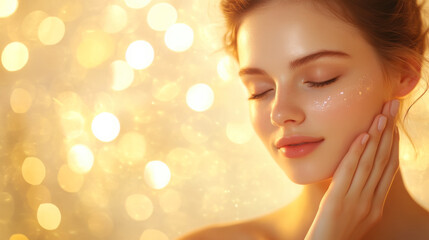 Naklejka premium Radiant beauty: model applying collagen-boosting serum for glowing skin care