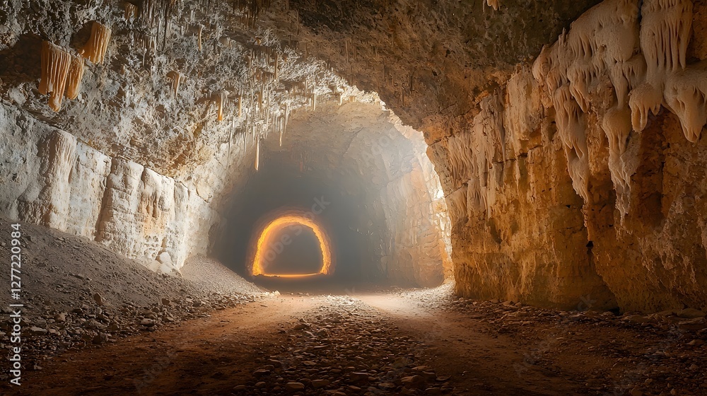 Fototapete Captivating image of a mysterious underground cave tunnel with dramatic stalactite formations and a soft glowing light emanating from the exit creating an and enigmatic natural landscape