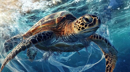Fototapeta premium Sea turtle entangled in plastic ocean pollution.