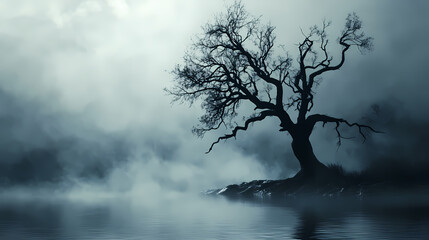 Mysterious dead tree silhouette on misty lake at night. Misty River of the Dead. Illustration