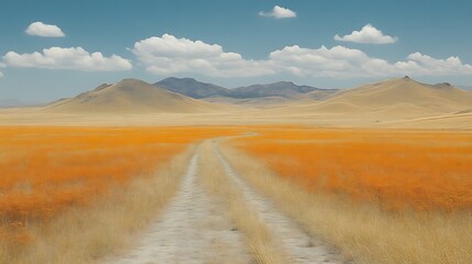Fototapeta premium Tranquil Path, A Journey Through Golden Fields to Distant Mountains
