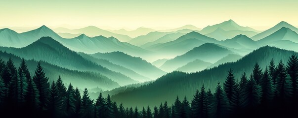 Mountain Landscape Vector Illustration with Sky and Green Silhouettes of Hills and Forest