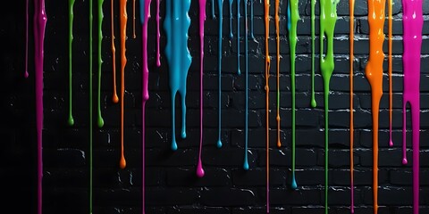 Vibrant Paint Dripping Down a Textured Dark Brick Wall Background