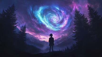 Fototapeta premium silhouette of a person gazing at a swirling, colorful nebula sky above a mountainous landscape framed by silhouetted trees.