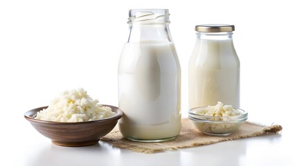 Milk and Kefir in Glass Bottles and Bowls
