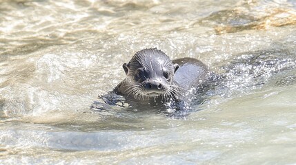 Obraz premium Otter pup swimming, shallow water, sunny day, wildlife reserve