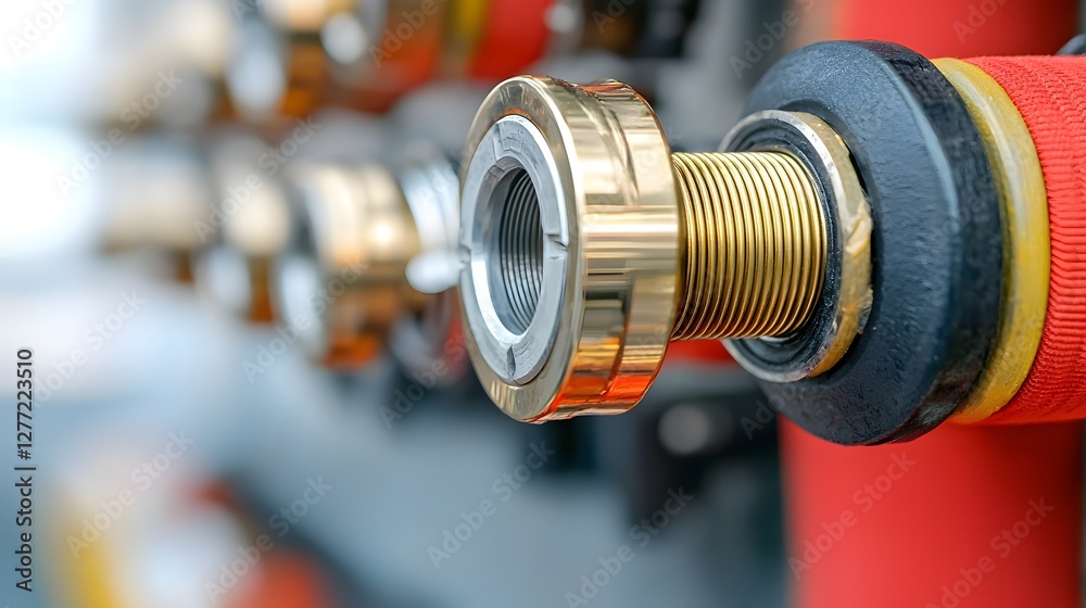 Aufkleber Closeup macro shot of a fire hose s brass coupling with visible threading and metallic texture