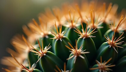 Close-up of a vibrant green cactus with sharp golden spines, bathed in soft sunlight, showcasing the intricate details of the plant's texture and form.