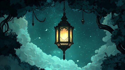 Glimmering Vintage Ramadan Lantern: Festive Nighttime Glow, Traditional Islamic Decoration, Elegant Middle Eastern Design, Warm Amber Hues, Ornate    