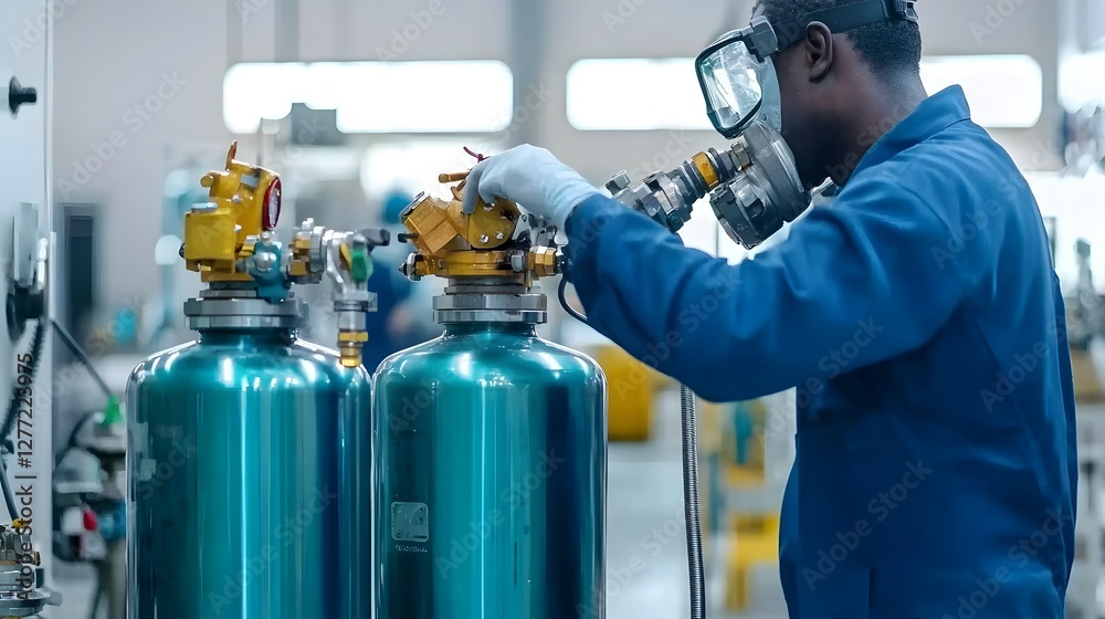 Poster closeup of a technician carefully filling an oxygen cylinder with compressed gas in a controlled fac