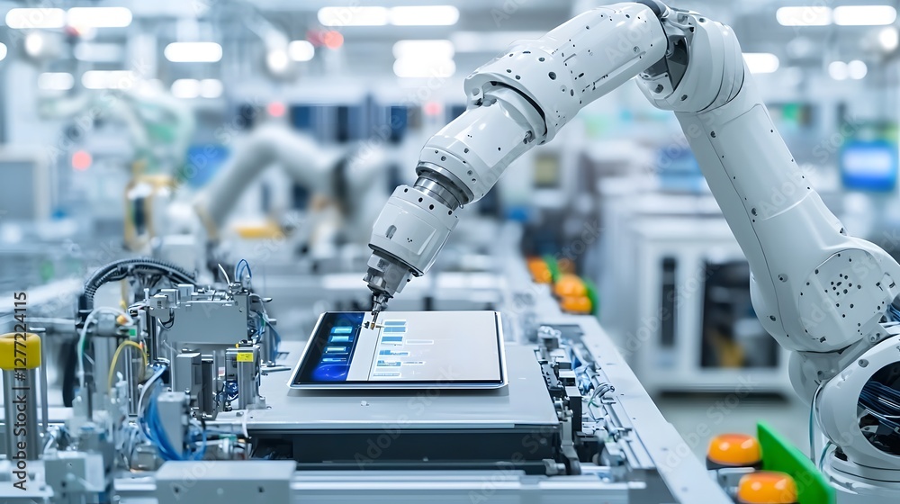 Poster closeup view of a high tech industrial robotic arm precisely and efficiently installing a digital di