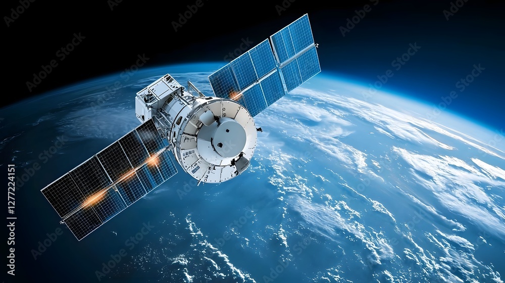 Aufkleber closeup view of a high tech satellite dish that is communicating with a space satellite orbiting the
