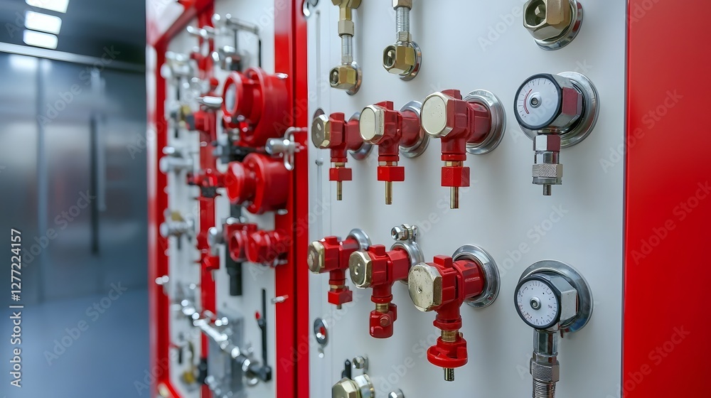 Fototapete Closeup view of a meticulously designed fire truck hose connection panel featuring an array of inlet and outlet valves for precise control and management of water flow during emergency firefighting