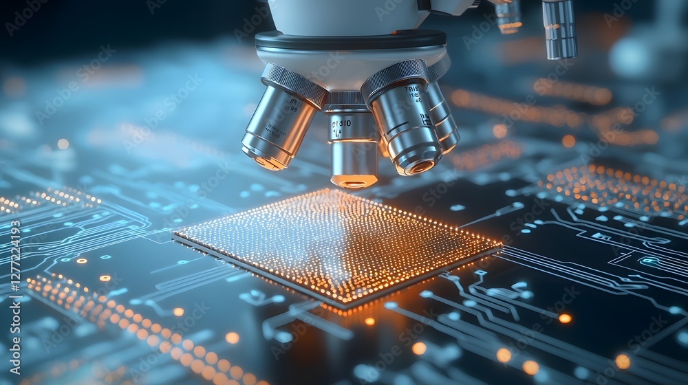 Poster closeup view of a thin film transistor tft display being meticulously examined under a high powered 