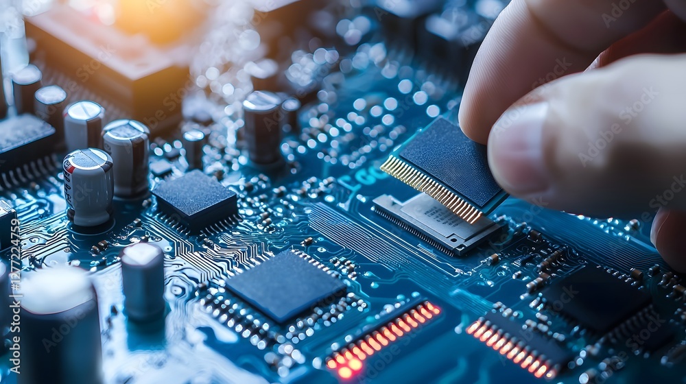 Poster Computer hardware engineer meticulously assembling a circuit board in a clean modern and high tech work environment