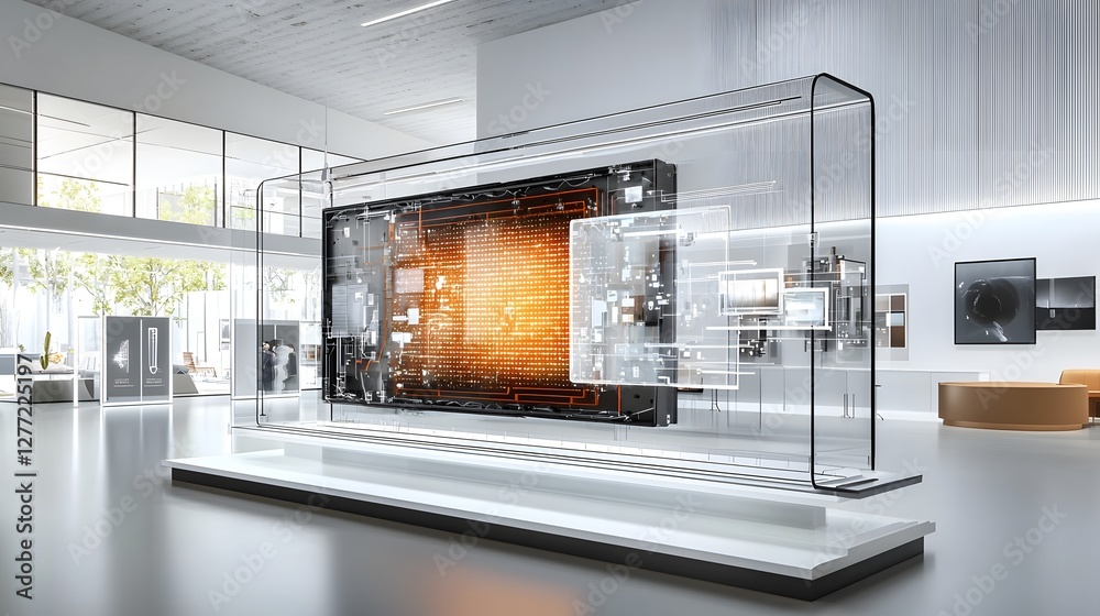 Poster Cross section showcasing the internal structure and light emission process of OLED Organic Light Emitting Diode pixels within a futuristic high tech display device