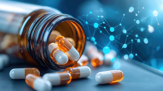 glass bottle of capsules spills onto surface, with digital network overlay symbolizing blockchain technology for secure digital prescriptions