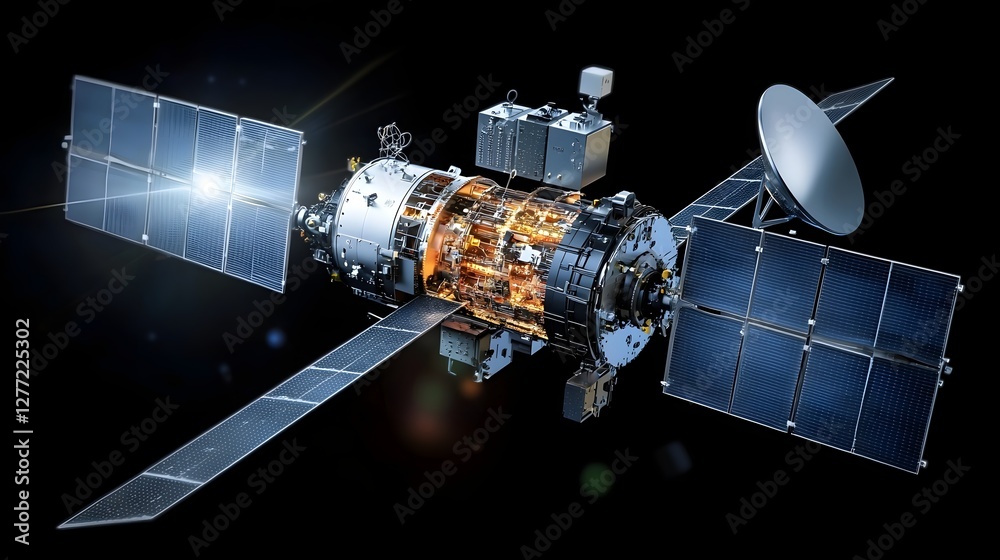 Aufkleber Cross section View of Advanced Satellite Communication Systems Showcasing Internal Electronics Antennas and Power for Spacecraft in Orbit