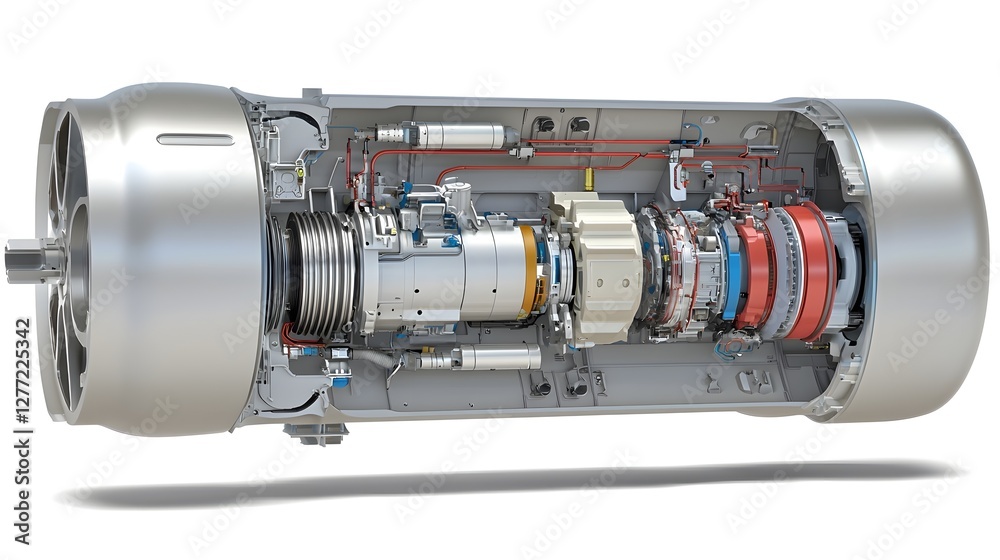 Poster Cross section View of Hybrid Powertrain Technology Displaying Electric Motor and Gasoline Engine Components for Advanced Automotive Engineering