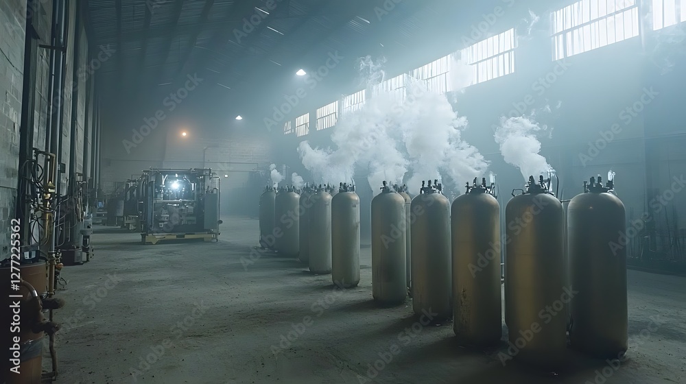 Poster Cryogenic Liquid Oxygen Conversion Process in Industrial Factory with Rows of Pressurized Storage Tanks and Smoke or Steam Billowing in the Air