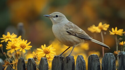 Small bird on rustic wooden fence amidst yellow flowers