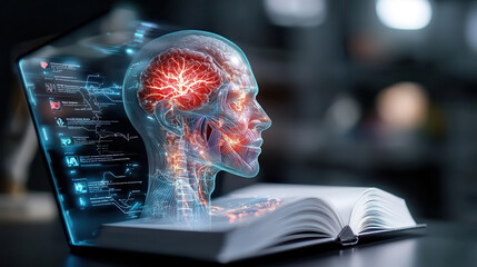 holographic anatomy book displays dynamic 3D model of human brain, showcasing neural pathways and medical terminology in futuristic setting