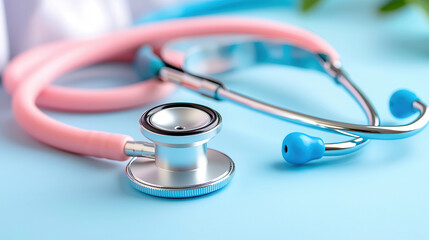 pink stethoscope with silver chest piece lies on light blue surface, symbolizing healthcare and medical practice. soft colors create calming atmosphere
