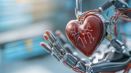 robotic hand gently holds heart with embedded circuitry, symbolizing fusion of technology and biology medical advancements. heart features visible electronic components, highlighting concept of