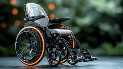 Fototapeta premium futuristic wheelchair with glowing orange accents and sleek design, set against blurred green background, showcasing advanced technology and innovation