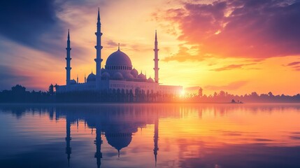 Naklejka premium Majestic Islamic Mosque at Dawn: A Serene Ramadan Morning. Golden sunlight illuminates the architectural details of this grand mosque, creating a 