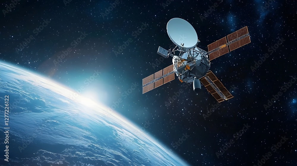 Aufkleber depiction of a modern communication satellite orbiting the earth with a backdrop of the vast starry 
