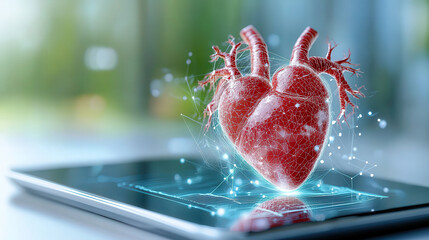 digital heart hologram is displayed tablet, showcasing advanced technology healthcare. image highlights integration of digital interfaces with medical diagnostics, emphasizing innovation