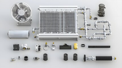 Detailed and photograph of an automotive radiator system showcasing the intricate design of the coolant pipes fan assembly