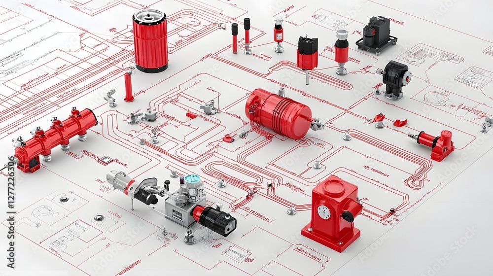 Poster detailed blueprint of a comprehensive fire sprinkler system showcasing the emergency water flow path