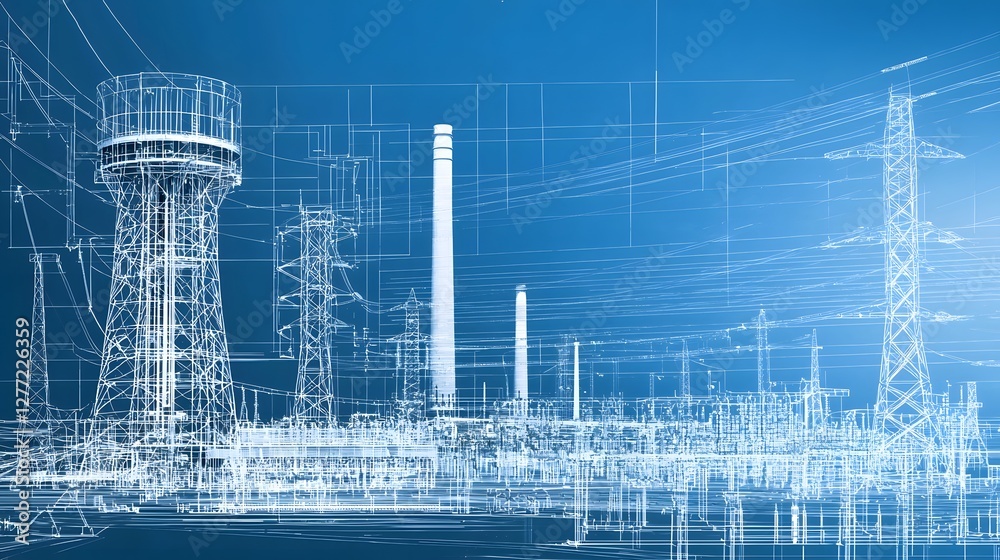 Poster detailed blueprint style depicting a and intricate power plant cooling tower showcasing the complex 