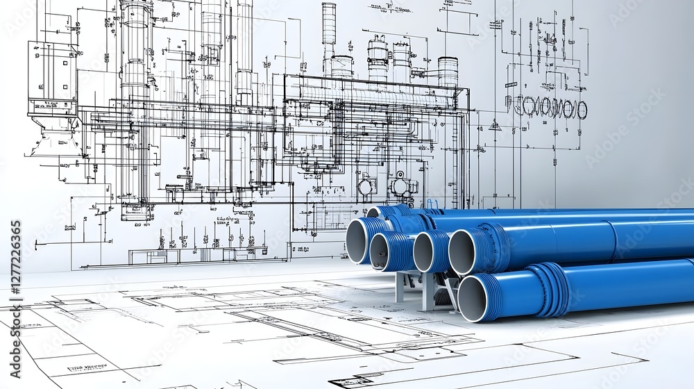 Poster Detailed Blueprint of an Industrial Water and Steam Pipeline System in a Factory Showing the Intricate Engineering Design and Technical Specifications for Plumbing Fluid Flow