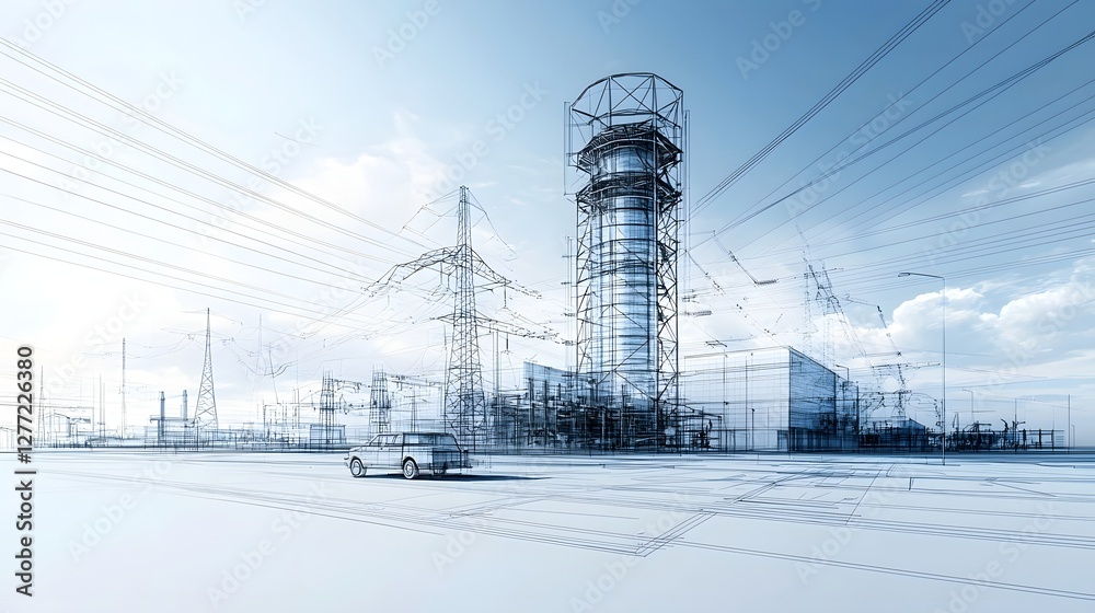 Poster Detailed blueprint style digital of a large power plant cooling tower structure with a technical grid layout and engineering design